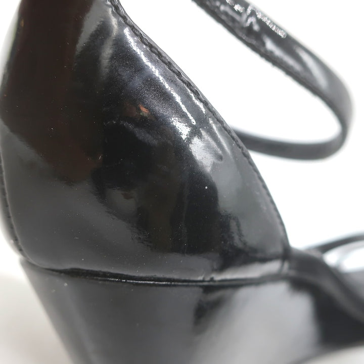 Vintage Prada Ankle Strap Wedge Sandals Black Patent Leather Size 38