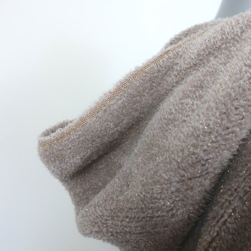 Brunello Cucinelli Cashmere Monili-Trim Metallic Plush Knit Hoodie Taupe Size 12