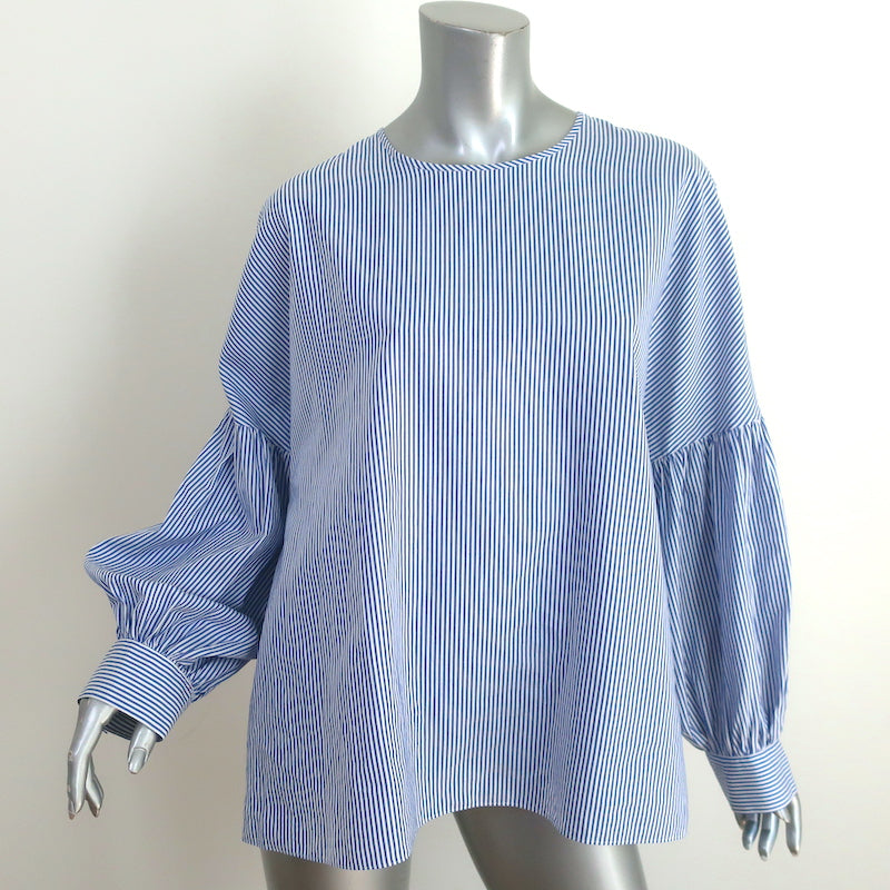 Tibi Removable Collar Top Blue/White Striped Cotton Size 8 Long Sleeve Blouse