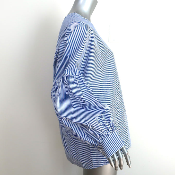 Tibi Removable Collar Top Blue/White Striped Cotton Size 8 Long Sleeve Blouse