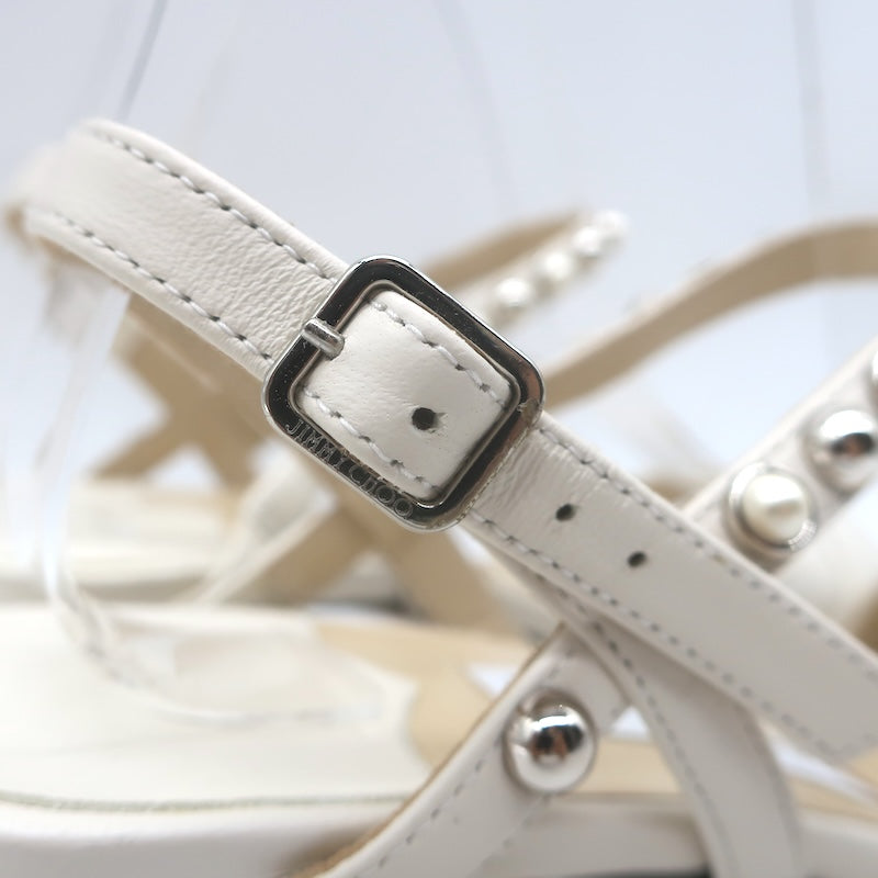 Jimmy Choo Aadra Faux Pearl-Studded Ankle Strap Sandals Cream Leather Size 38
