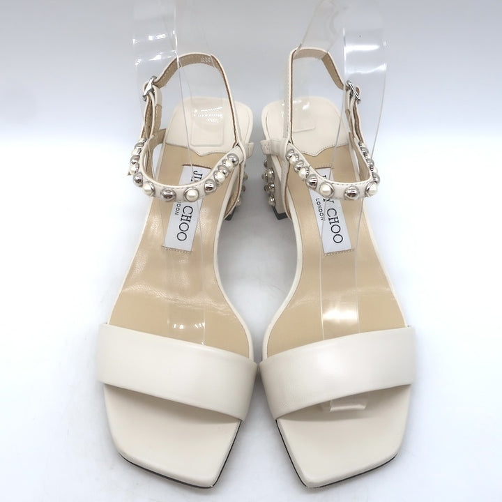 Jimmy Choo Aadra Faux Pearl-Studded Ankle Strap Sandals Cream Leather Size 38