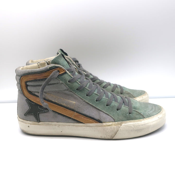 Golden Goose Slide High Top Sneakers Gray Canvas &amp; Blue Suede Size 38