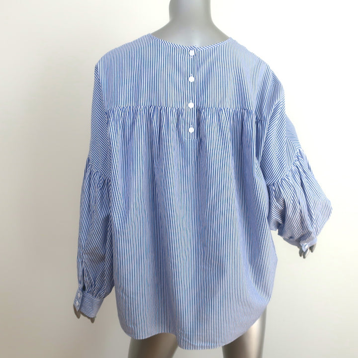 Tibi Removable Collar Top Blue/White Striped Cotton Size 8 Long Sleeve Blouse