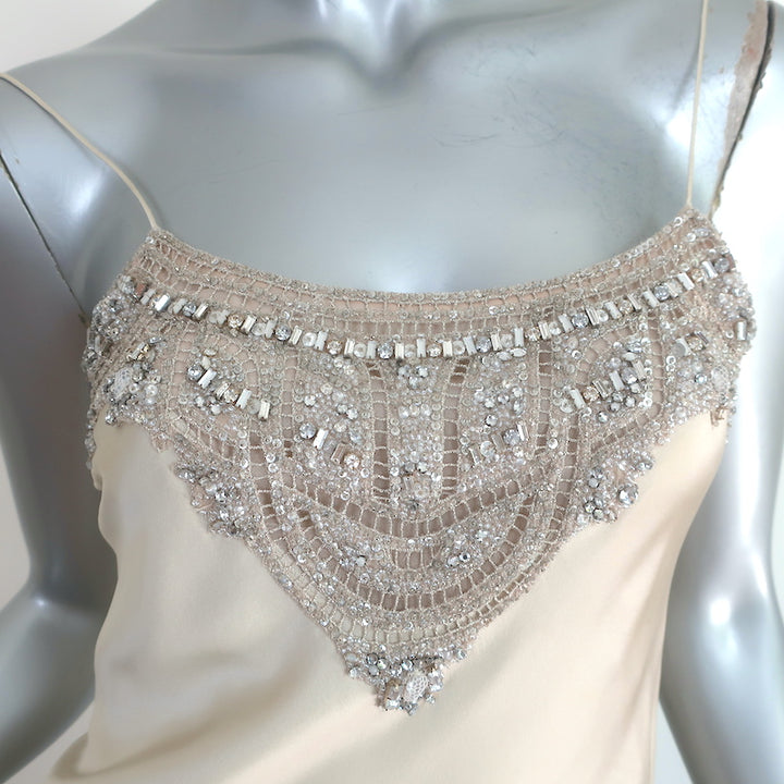 KAUFMANFRANCO Crystal-Embellished Mini Slip Dress Beige Silk Satin Size 2