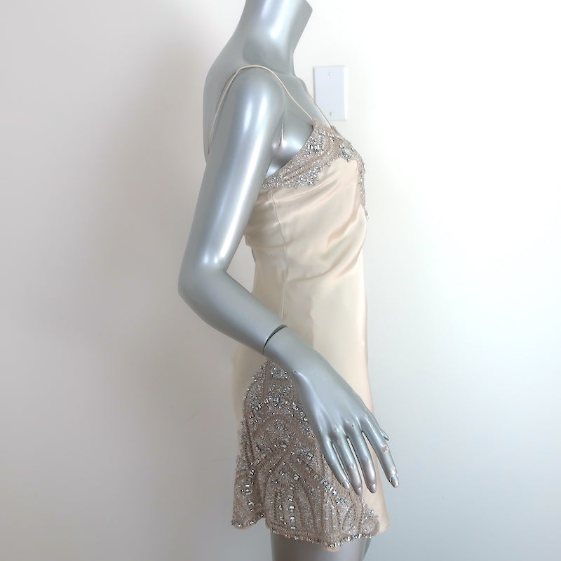 KAUFMANFRANCO Crystal-Embellished Mini Slip Dress Beige Silk Satin Size 2
