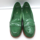 Prada Penny Loafers Green Polished Leather Size 38