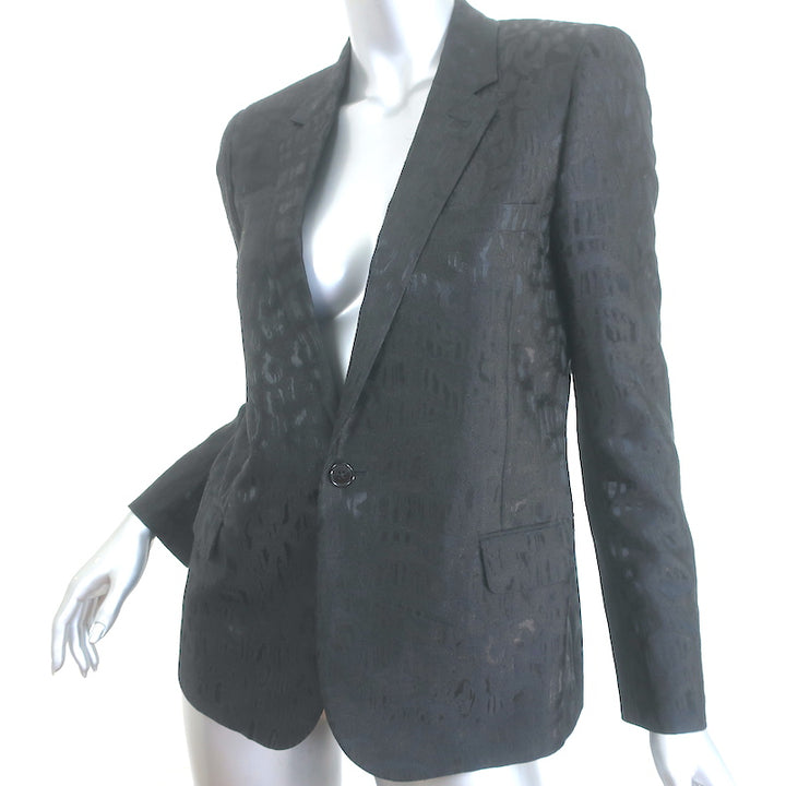 Saint Laurent Leopard Jacquard Blazer Black Wool-Blend Size 40 One-Button Jacket