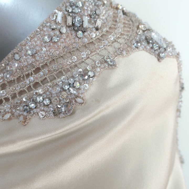 KAUFMANFRANCO Crystal-Embellished Mini Slip Dress Beige Silk Satin Size 2