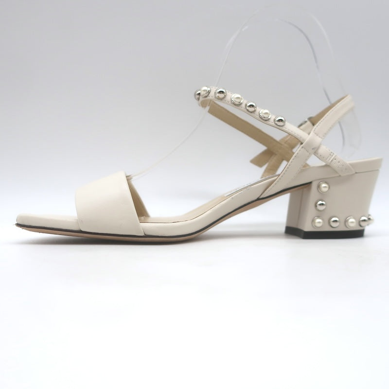Jimmy Choo Aadra Faux Pearl-Studded Ankle Strap Sandals Cream Leather Size 38