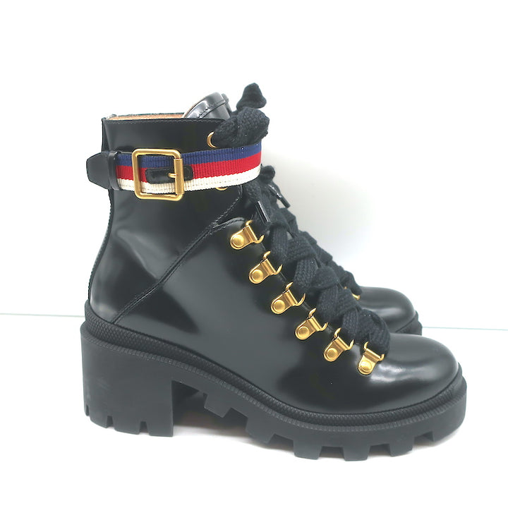 Gucci Sylvie Web Combat Boots Black Leather Size 35.5 Lace-Up Ankle Boots
