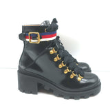 Gucci Sylvie Web Combat Boots Black Leather Size 35.5 Lace-Up Ankle Boots