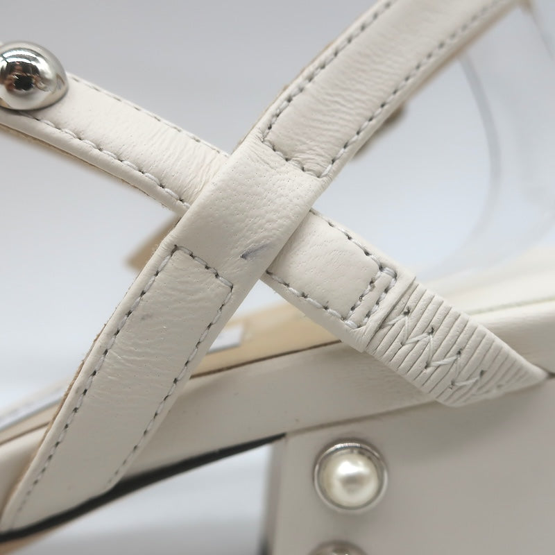 Jimmy Choo Aadra Faux Pearl-Studded Ankle Strap Sandals Cream Leather Size 38