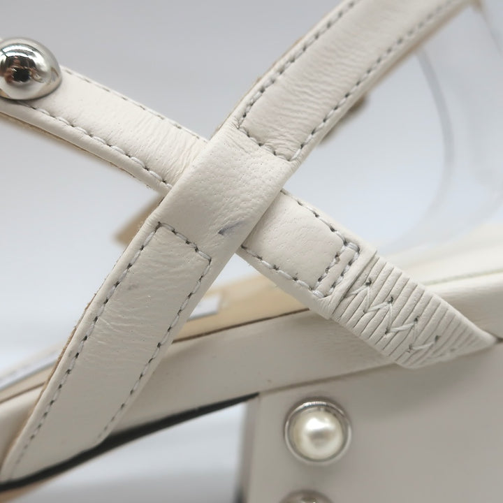 Jimmy Choo Aadra Faux Pearl-Studded Ankle Strap Sandals Cream Leather Size 38