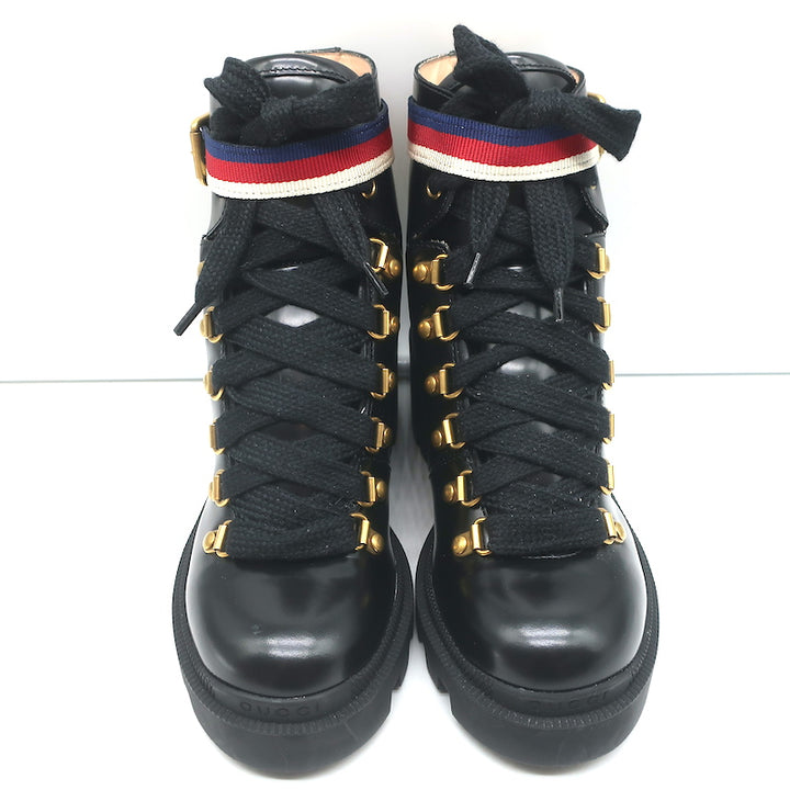 Gucci Sylvie Web Combat Boots Black Leather Size 35.5 Lace-Up Ankle Boots