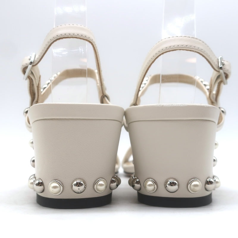 Jimmy Choo Aadra Faux Pearl-Studded Ankle Strap Sandals Cream Leather Size 38
