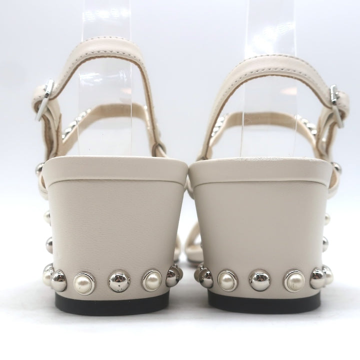 Jimmy Choo Aadra Faux Pearl-Studded Ankle Strap Sandals Cream Leather Size 38