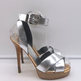 Fendi Crisscross Platform Sandals Silver Leather Size 36.5 Ankle Strap Heels