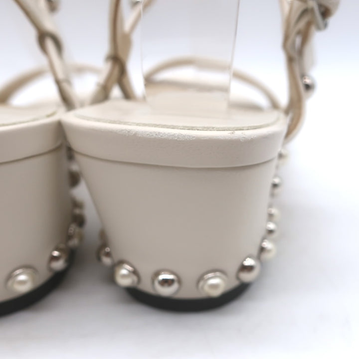 Jimmy Choo Aadra Faux Pearl-Studded Ankle Strap Sandals Cream Leather Size 38