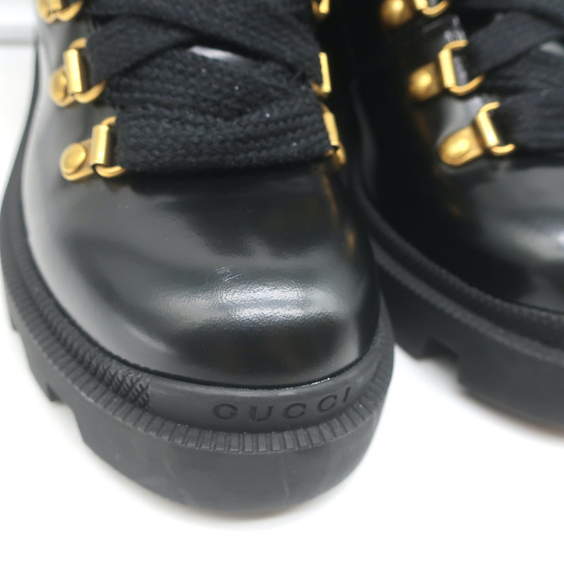 Gucci Sylvie Web Combat Boots Black Leather Size 35.5 Lace-Up Ankle Boots
