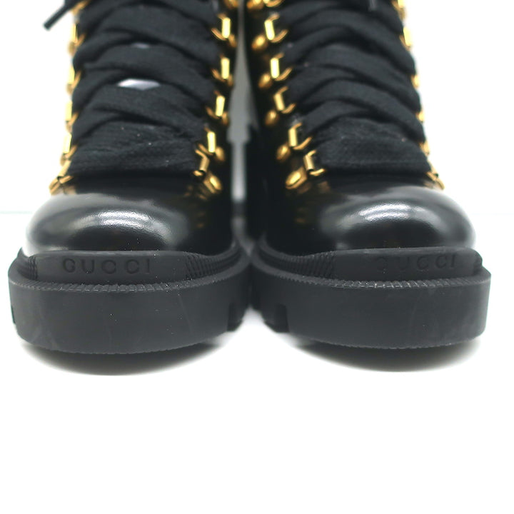 Gucci Sylvie Web Combat Boots Black Leather Size 35.5 Lace-Up Ankle Boots