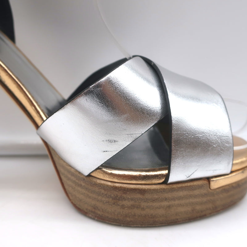 Fendi Crisscross Platform Sandals Silver Leather Size 36.5 Ankle Strap Heels