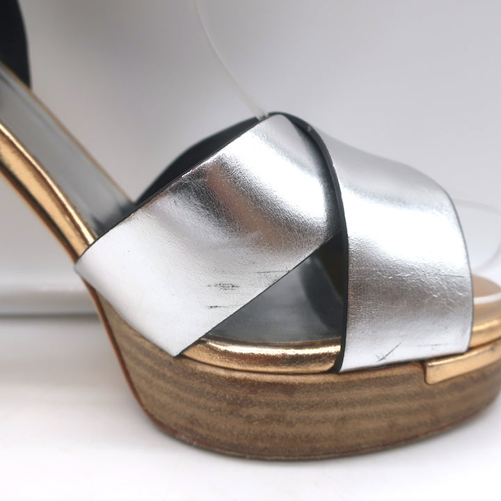 Fendi Crisscross Platform Sandals Silver Leather Size 36.5 Ankle Strap Heels