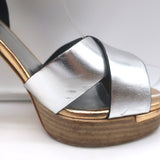Fendi Crisscross Platform Sandals Silver Leather Size 36.5 Ankle Strap Heels