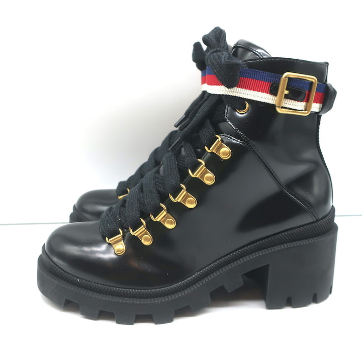 Gucci Sylvie Web Combat Boots Black Leather Size 35.5 Lace-Up Ankle Boots