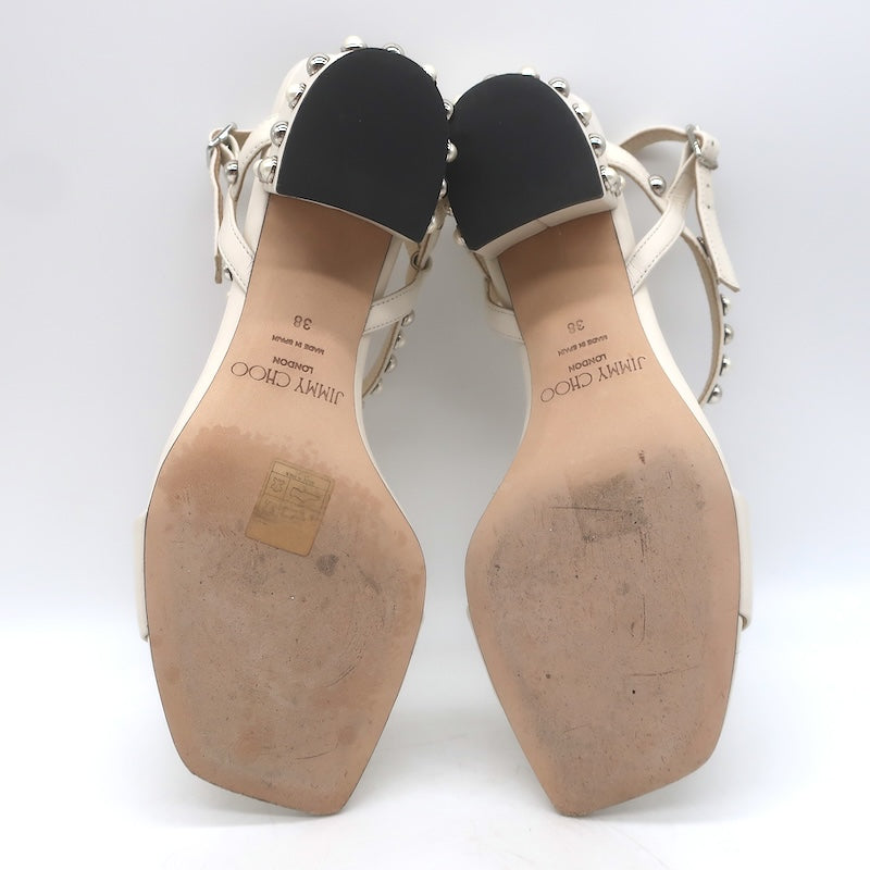 Jimmy Choo Aadra Faux Pearl-Studded Ankle Strap Sandals Cream Leather Size 38