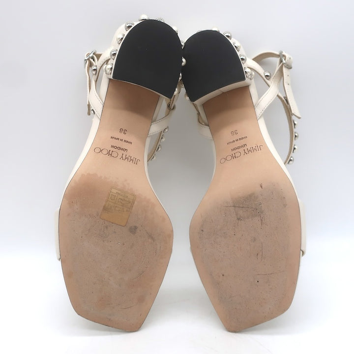 Jimmy Choo Aadra Faux Pearl-Studded Ankle Strap Sandals Cream Leather Size 38