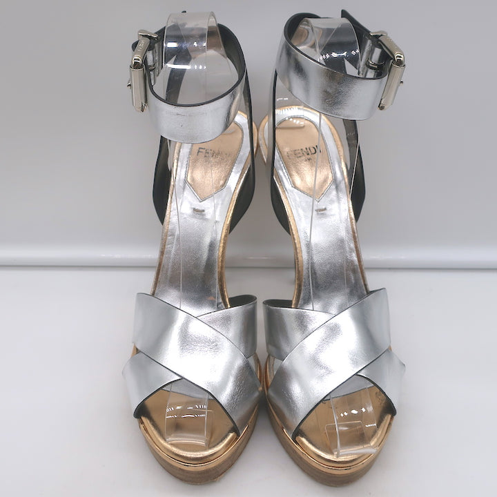 Fendi Crisscross Platform Sandals Silver Leather Size 36.5 Ankle Strap Heels