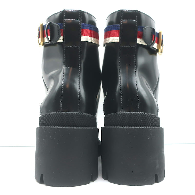 Gucci Sylvie Web Combat Boots Black Leather Size 35.5 Lace-Up Ankle Boots