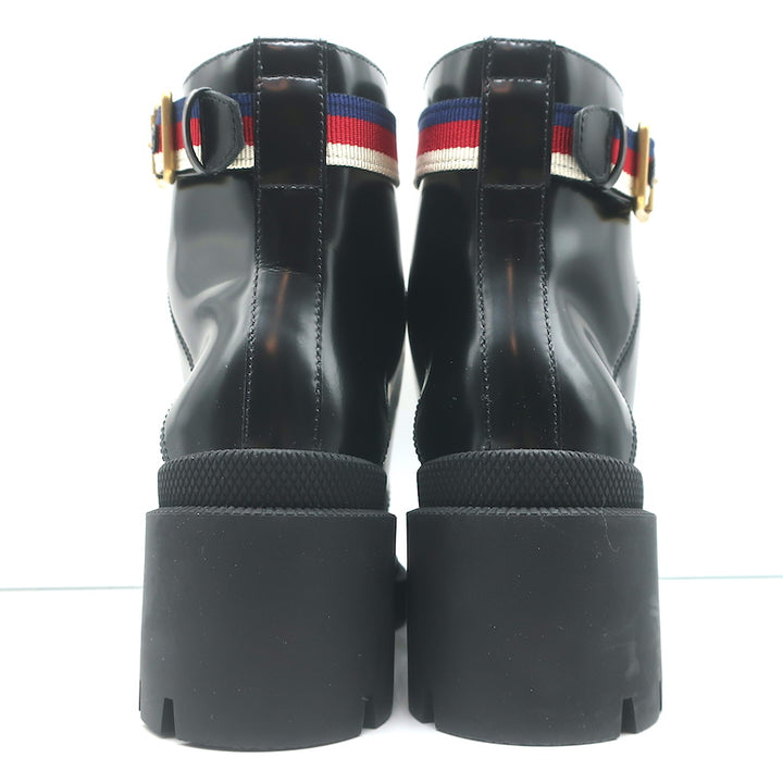 Gucci Sylvie Web Combat Boots Black Leather Size 35.5 Lace-Up Ankle Boots