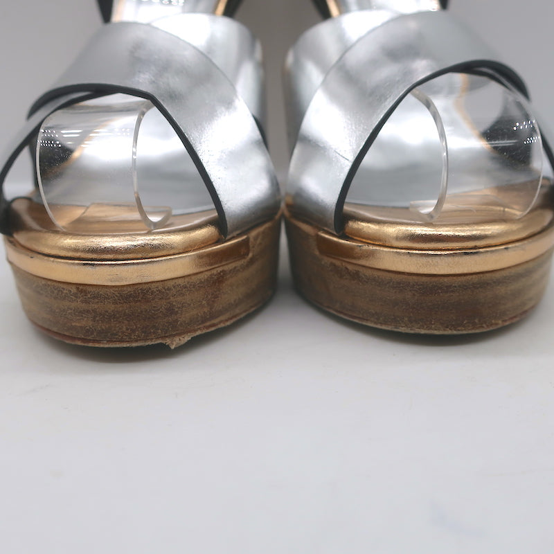 Fendi Crisscross Platform Sandals Silver Leather Size 36.5 Ankle Strap Heels