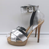 Fendi Crisscross Platform Sandals Silver Leather Size 36.5 Ankle Strap Heels