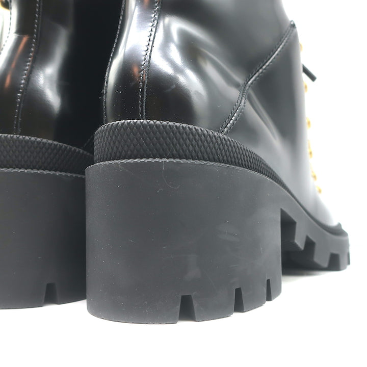 Gucci Sylvie Web Combat Boots Black Leather Size 35.5 Lace-Up Ankle Boots