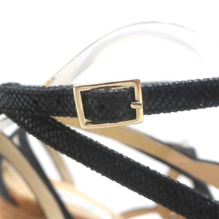 Jimmy Choo Cork Wedge Ankle Strap Cage Sandals Black Embossed Leather Size 38
