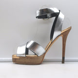 Fendi Crisscross Platform Sandals Silver Leather Size 36.5 Ankle Strap Heels