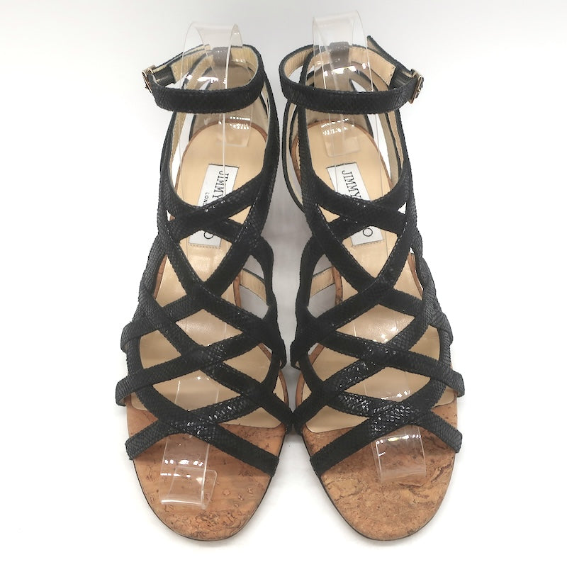 Jimmy Choo Cork Wedge Ankle Strap Cage Sandals Black Embossed Leather Size 38