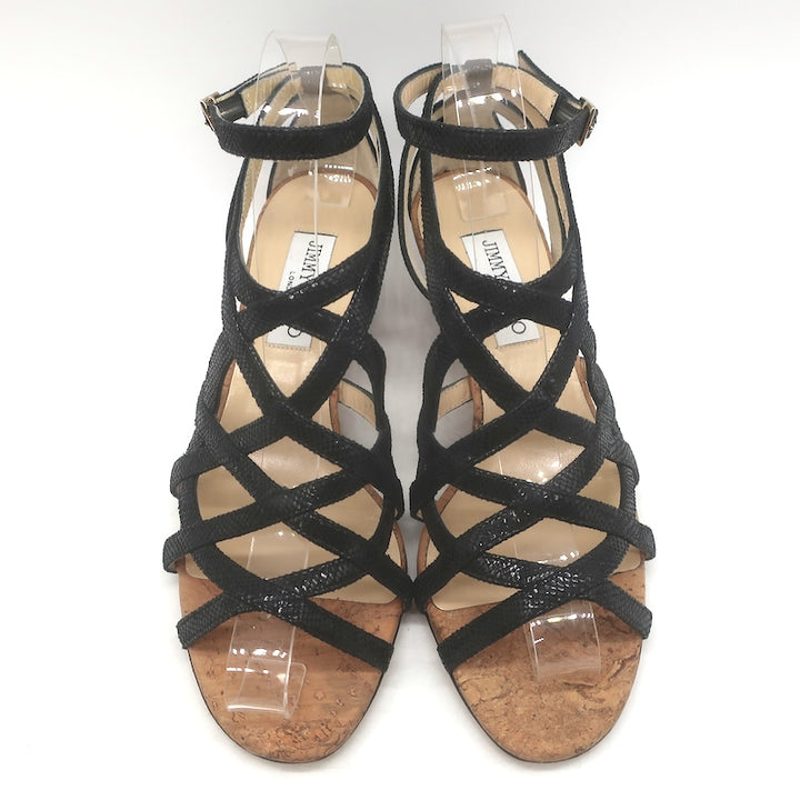Jimmy Choo Cork Wedge Ankle Strap Cage Sandals Black Embossed Leather Size 38