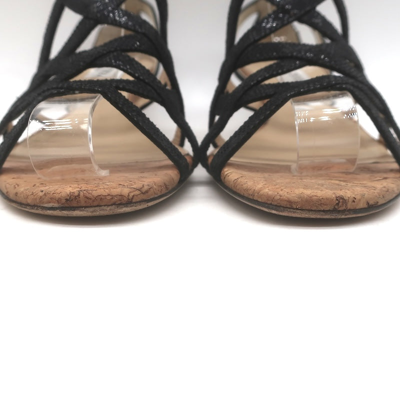 Jimmy Choo Cork Wedge Ankle Strap Cage Sandals Black Embossed Leather Size 38
