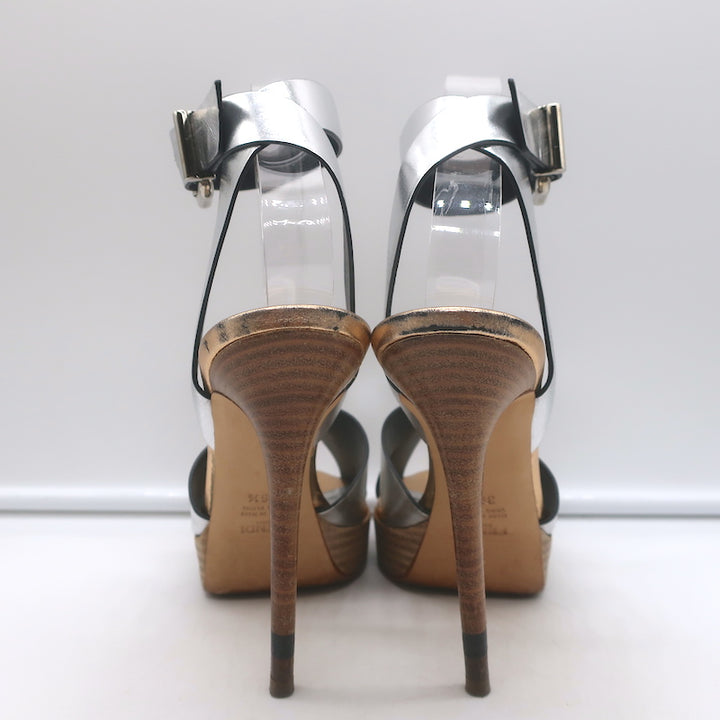 Fendi Crisscross Platform Sandals Silver Leather Size 36.5 Ankle Strap Heels