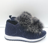 Jimmy Choo Norway Fur Pom Pom Sneakers Navy Lurex Knit Size 35