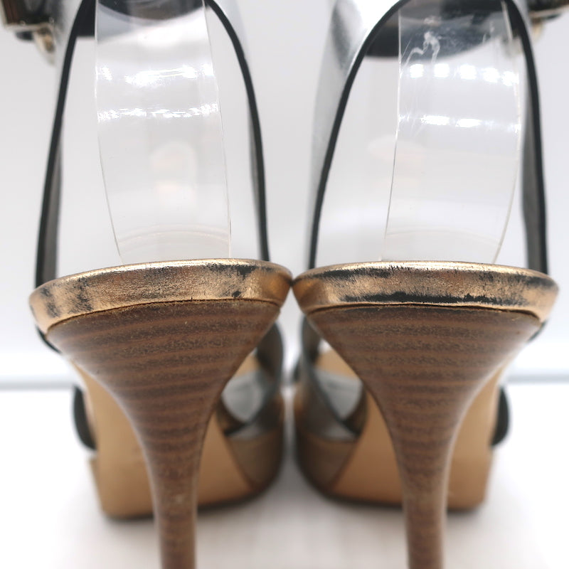 Fendi Crisscross Platform Sandals Silver Leather Size 36.5 Ankle Strap Heels