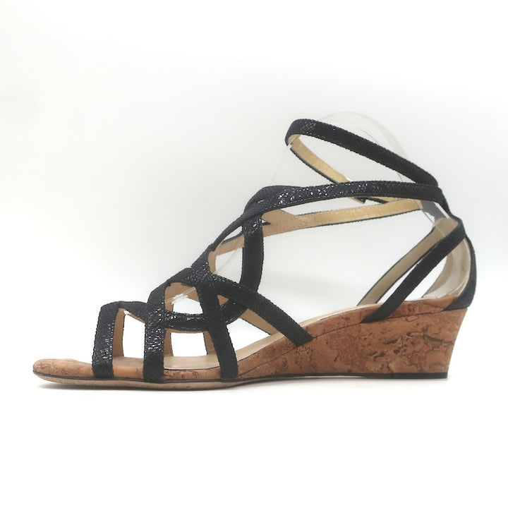 Jimmy Choo Cork Wedge Ankle Strap Cage Sandals Black Embossed Leather Size 38