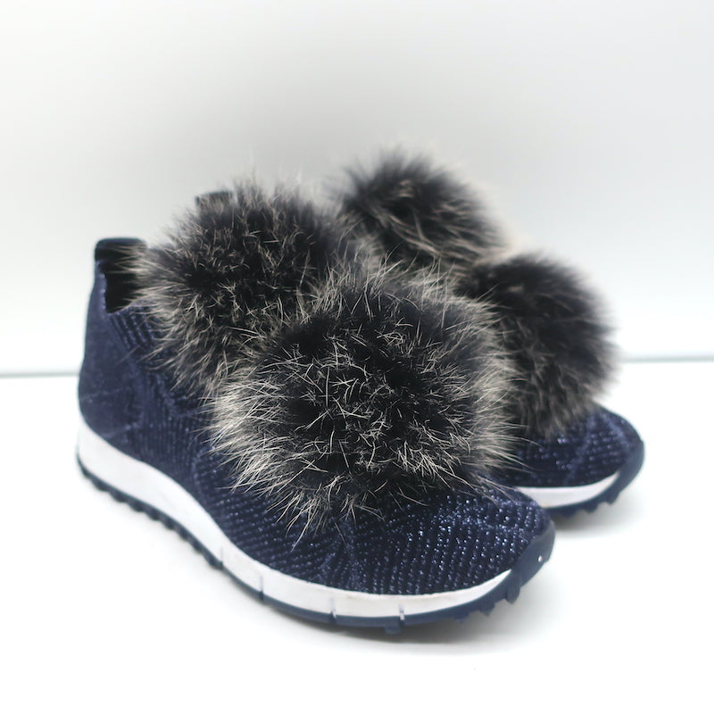 Jimmy Choo Fur Pom Pom Sneakers Navy Lurex Knit 35 – Celebrity Owned