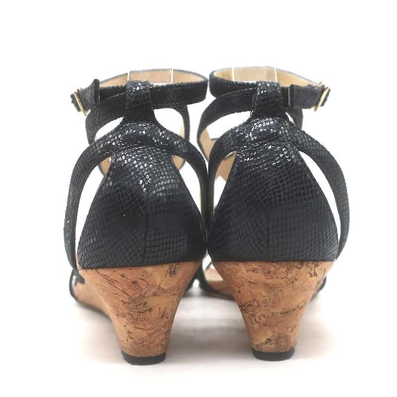 Jimmy Choo Cork Wedge Ankle Strap Cage Sandals Black Embossed Leather Size 38