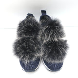 Jimmy Choo Norway Fur Pom Pom Sneakers Navy Lurex Knit Size 35