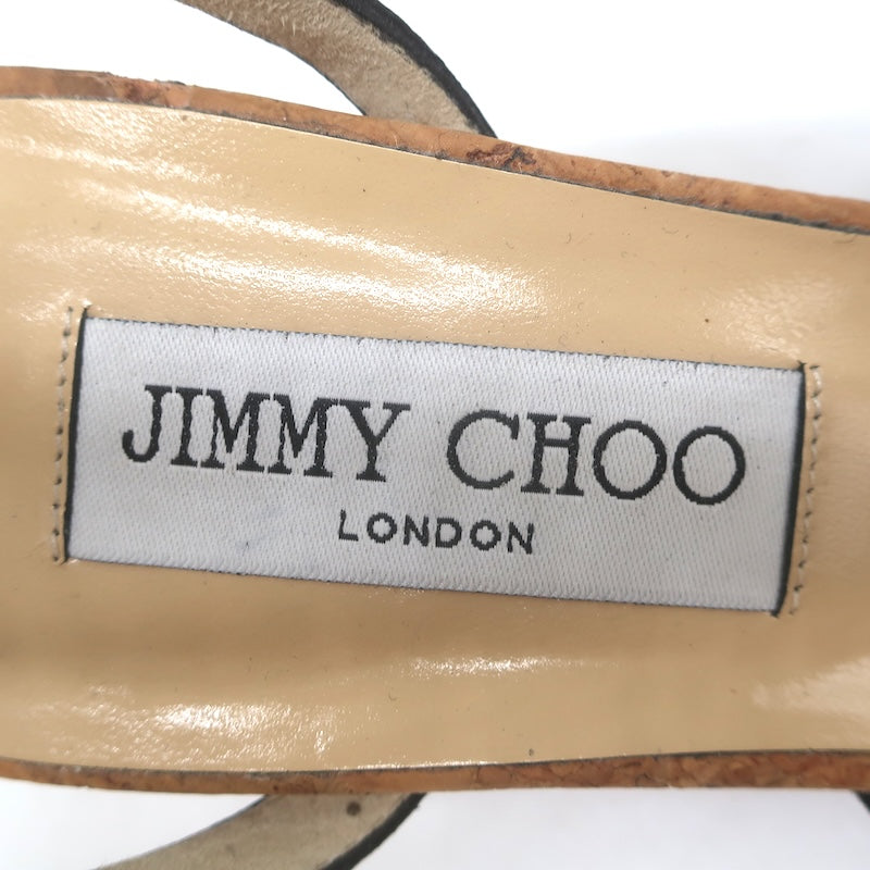 Jimmy Choo Cork Wedge Ankle Strap Cage Sandals Black Embossed Leather Size 38